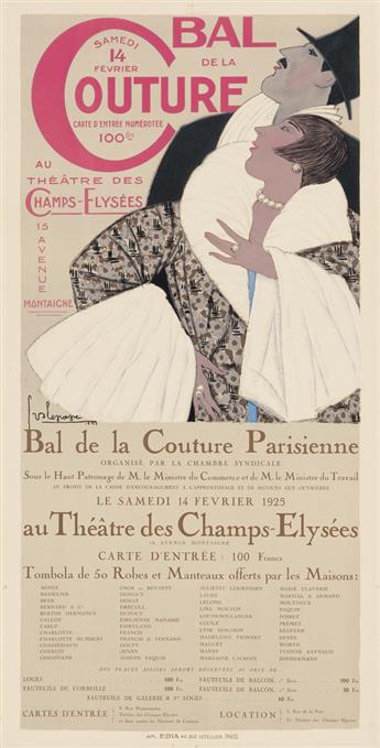 GEORGES LEPAPE (1887-1971). BAL DE LA COUTURE PARISIENNE. Poster and proof. 1925. Each approximately 31x16 inches, 80x40 cm. Edia, Pari